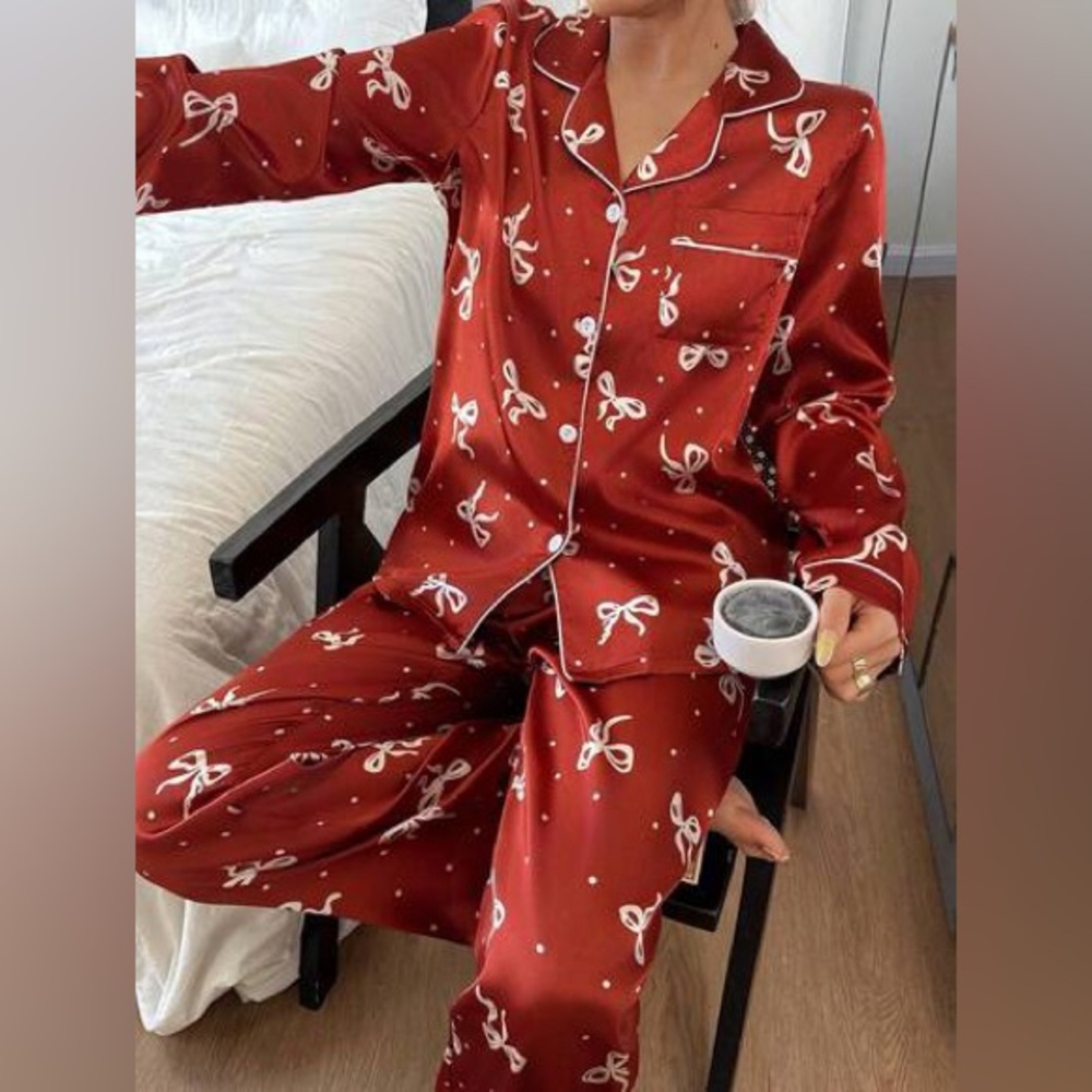 Red Pajama Set with White Bow Polkadot Print
